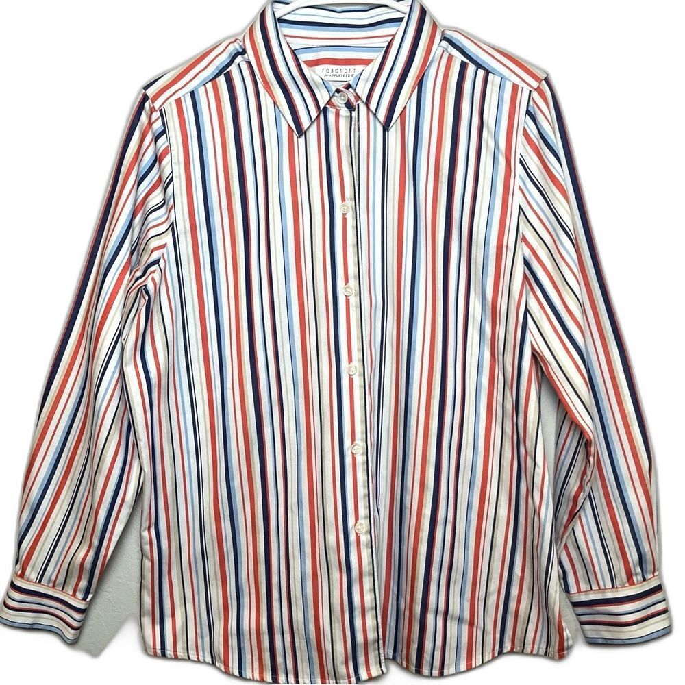 Foxcroft Red White Blue Striped Button Down Shirt 14 XL Preppy Nautical